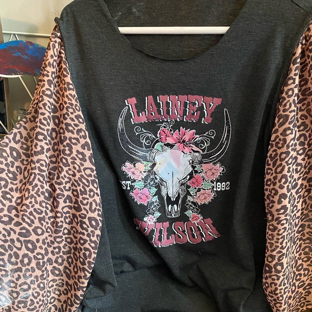 Graphic Long Sleeve Top with Leopard Print